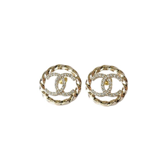 Chanel 23B CC Crystal Strass Twist Round Earrings Gold - Picture 1 of 1